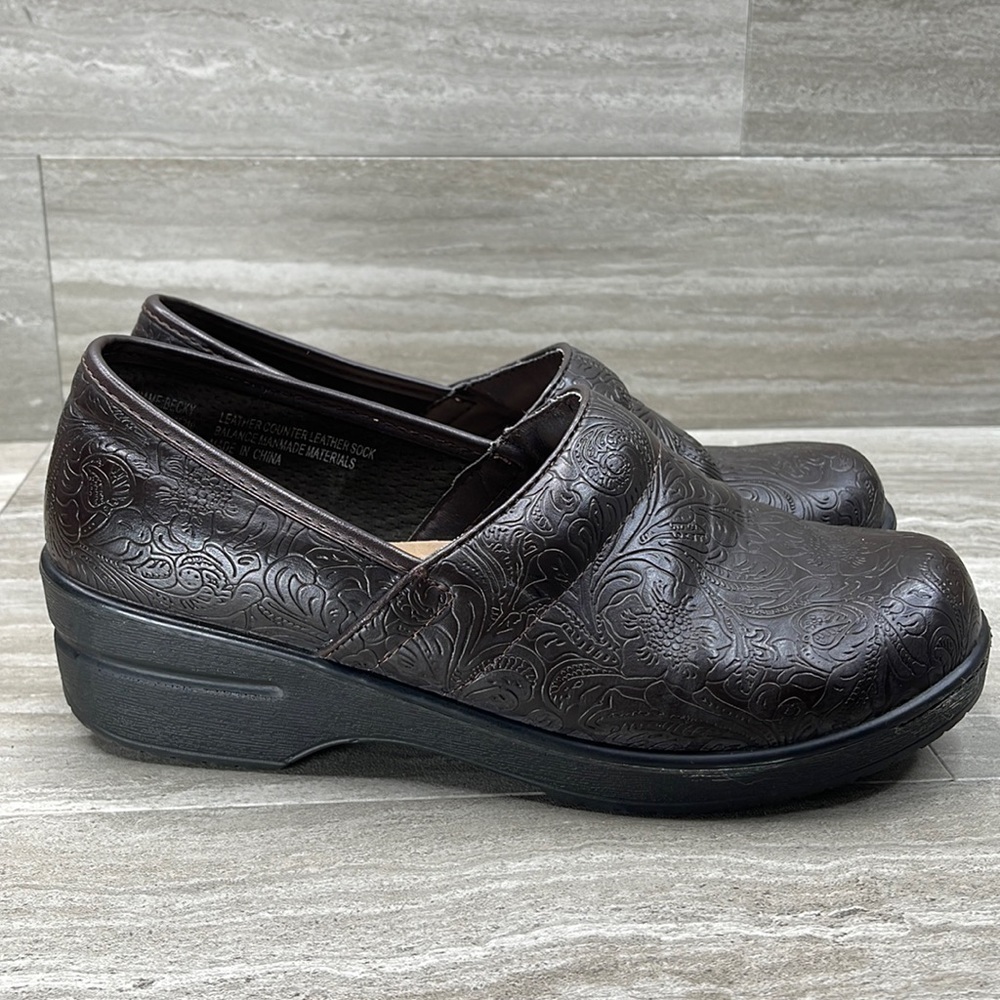 Duck Head Becky Floral Leather Tooled Comfort Clogs Womans Size 8